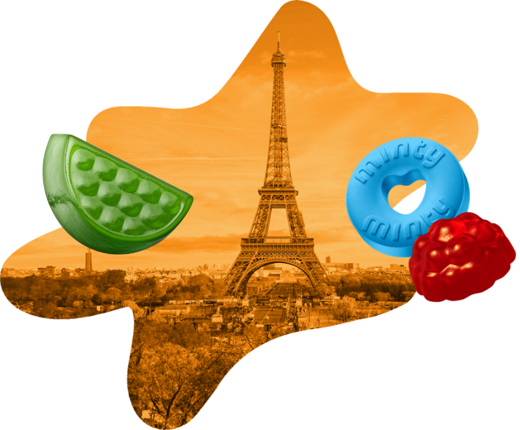 Imagem ilustrando a Torre Eiffel rodeado de doces da marca Docile